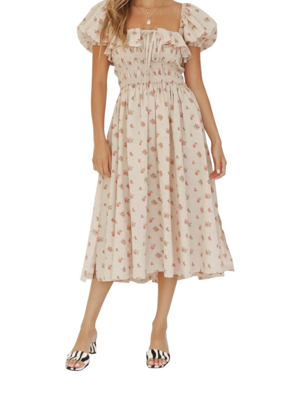 Cream Smocked Midi Dress with Pink Floral Print